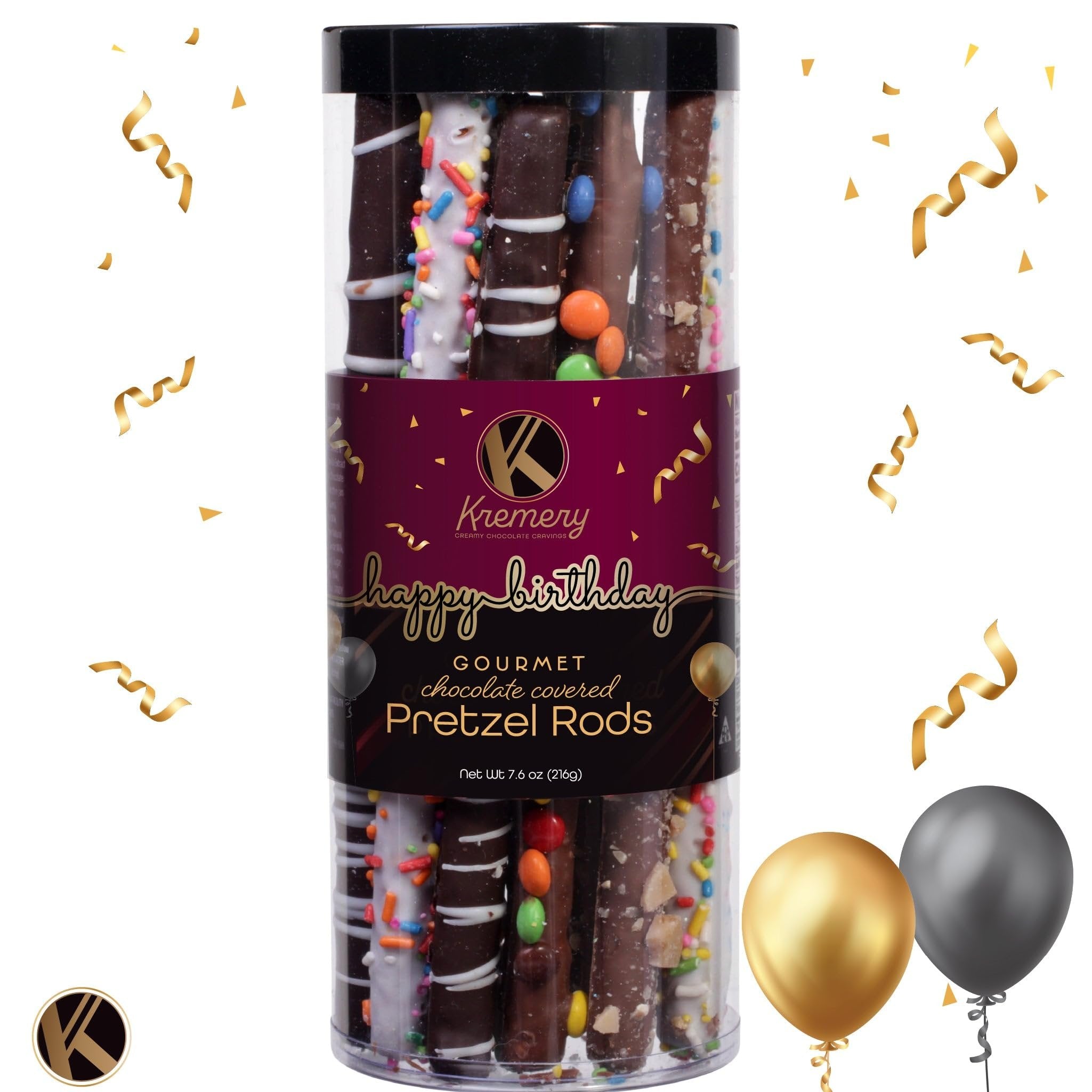 Dark Milk Chocolate Covered Pretzel Rods in Clear Birthday Tube