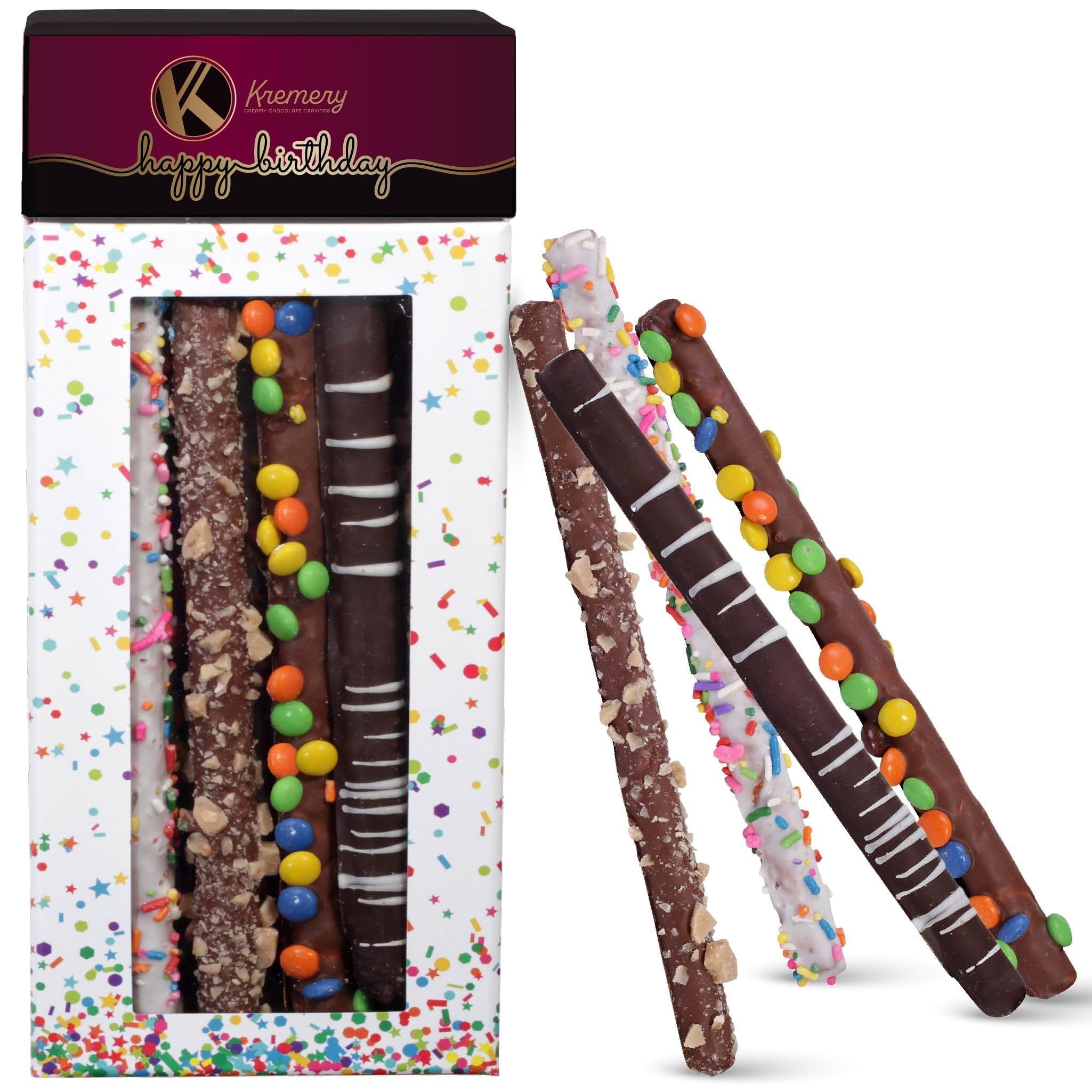 Assorted Dark Milk Chocolate Covered Pretzel Rods in Confetti Birthday Tower