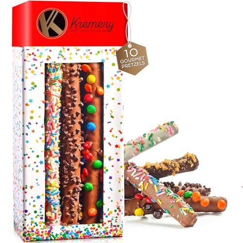 Assorted Dark Milk Chocolate Covered Pretzel Rods in Confetti Tower