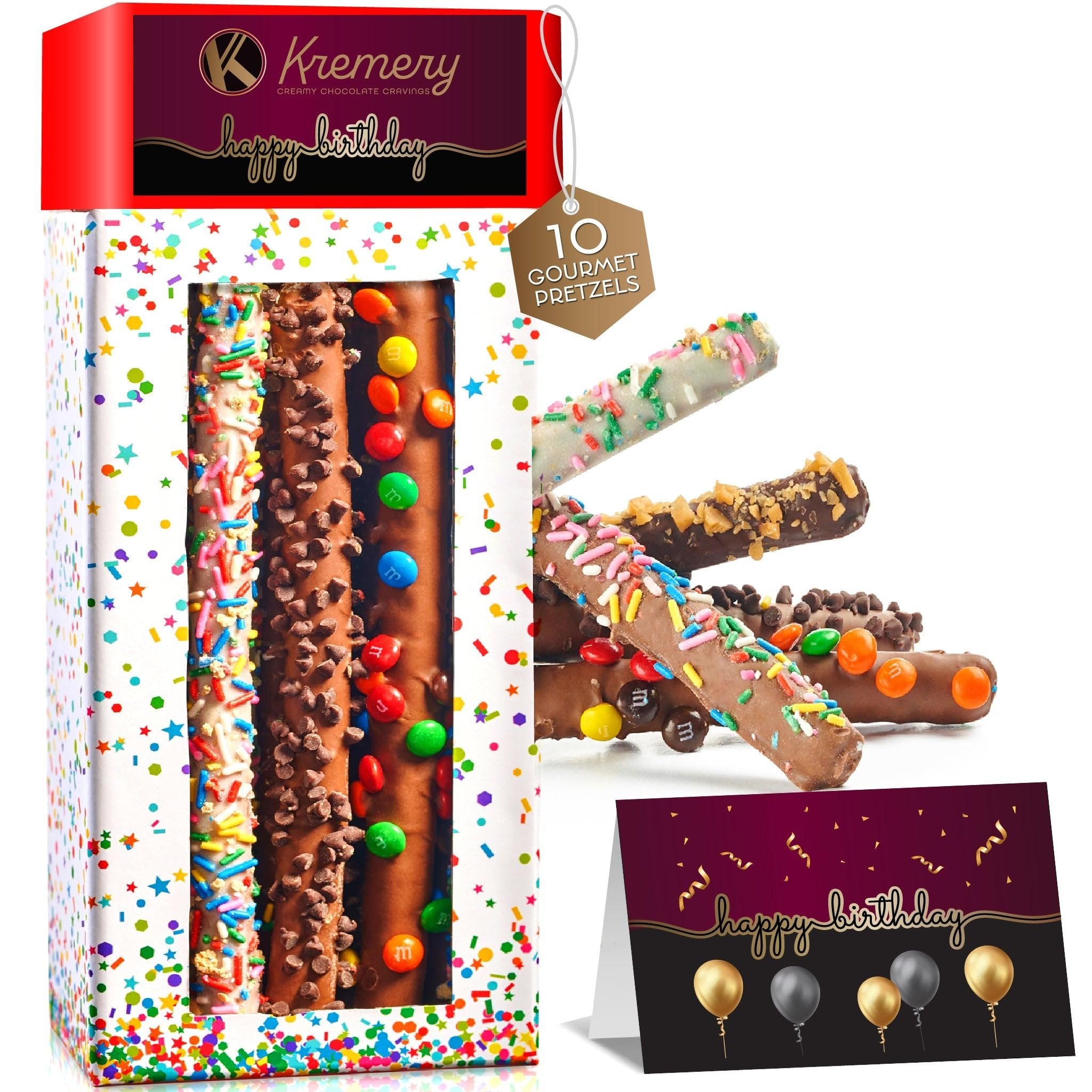 Assorted Dark Milk Chocolate Covered Pretzel Rods in Confetti Birthday Tower