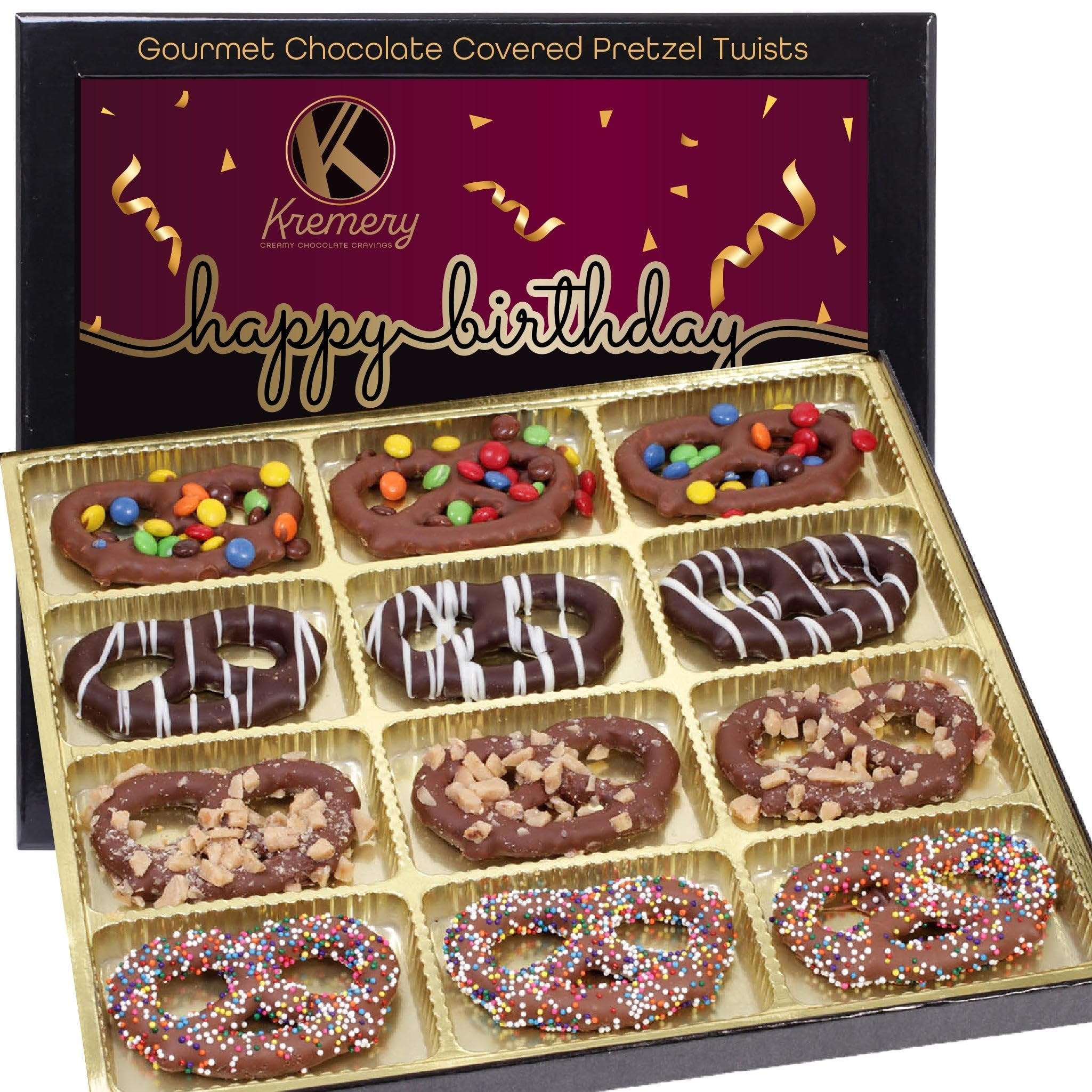 Birthday Dark Milk Chocolate Covered Pretzel Twist Gift Basket (12 Count)