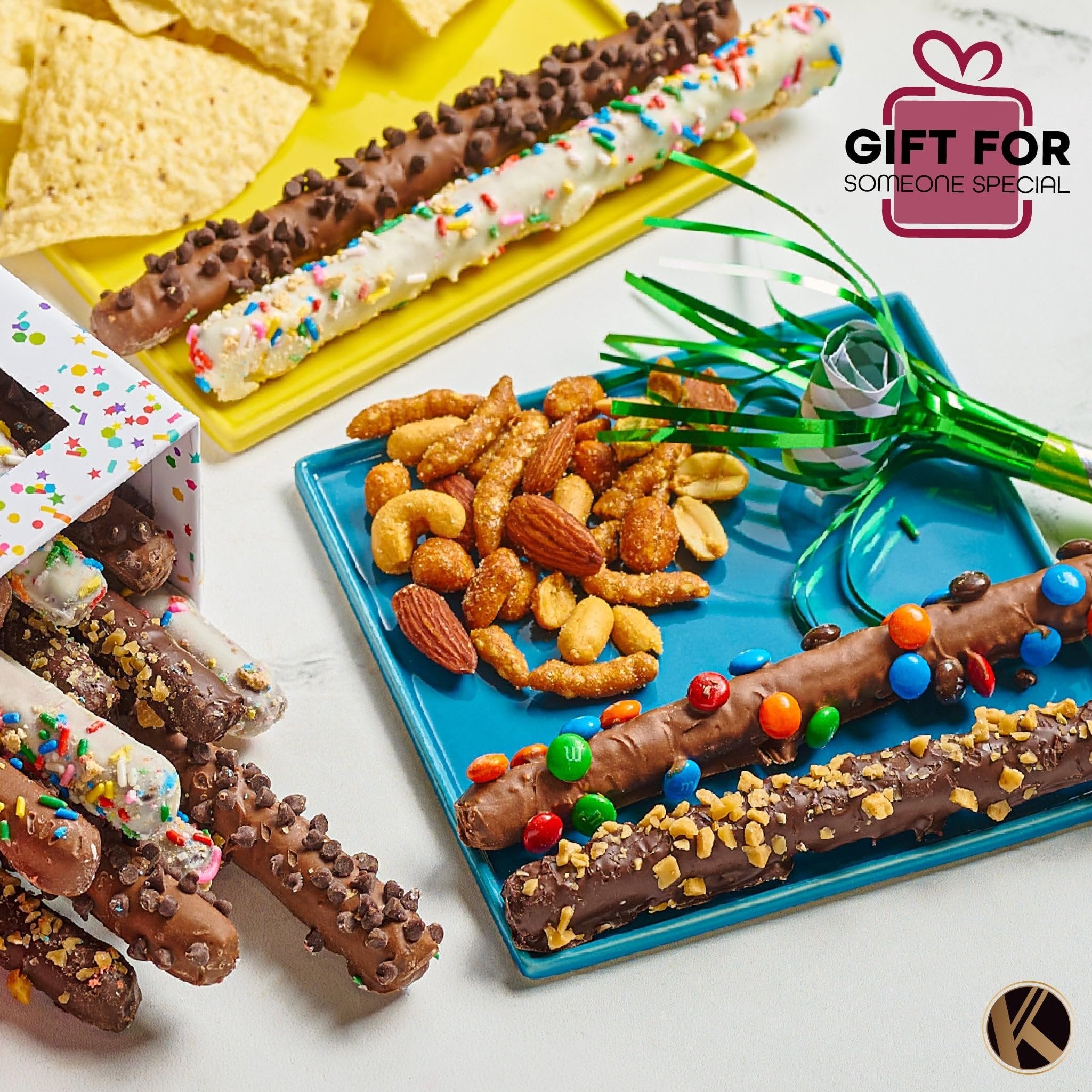 Assorted Dark Milk Chocolate Covered Pretzel Rods in Confetti Birthday Tower
