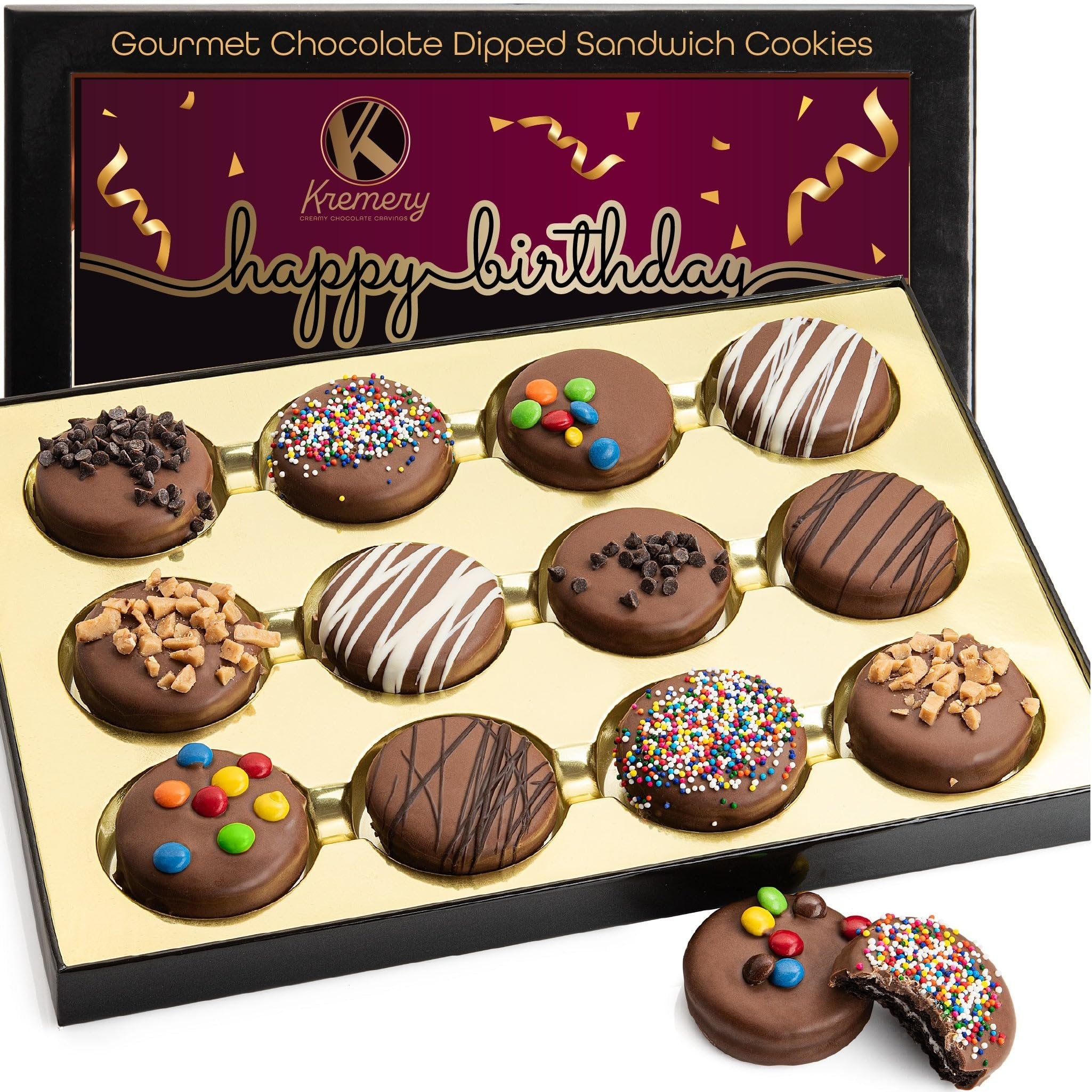 Dairy Chocolate Covered Sandwich Cookies In Birthday Box (12 Count)