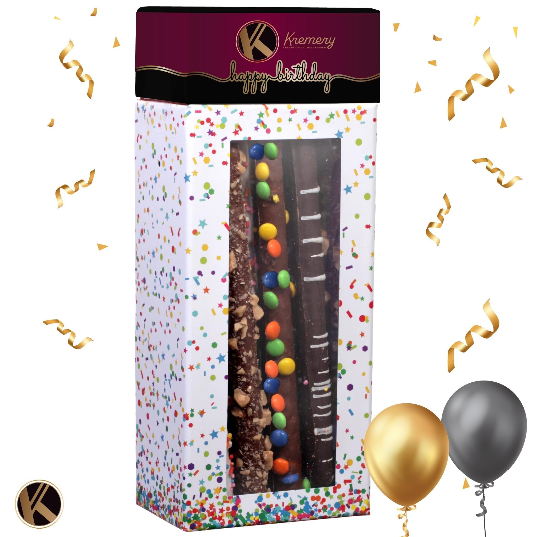 Assorted Dark Milk Chocolate Covered Pretzel Rods in Confetti Birthday Tower