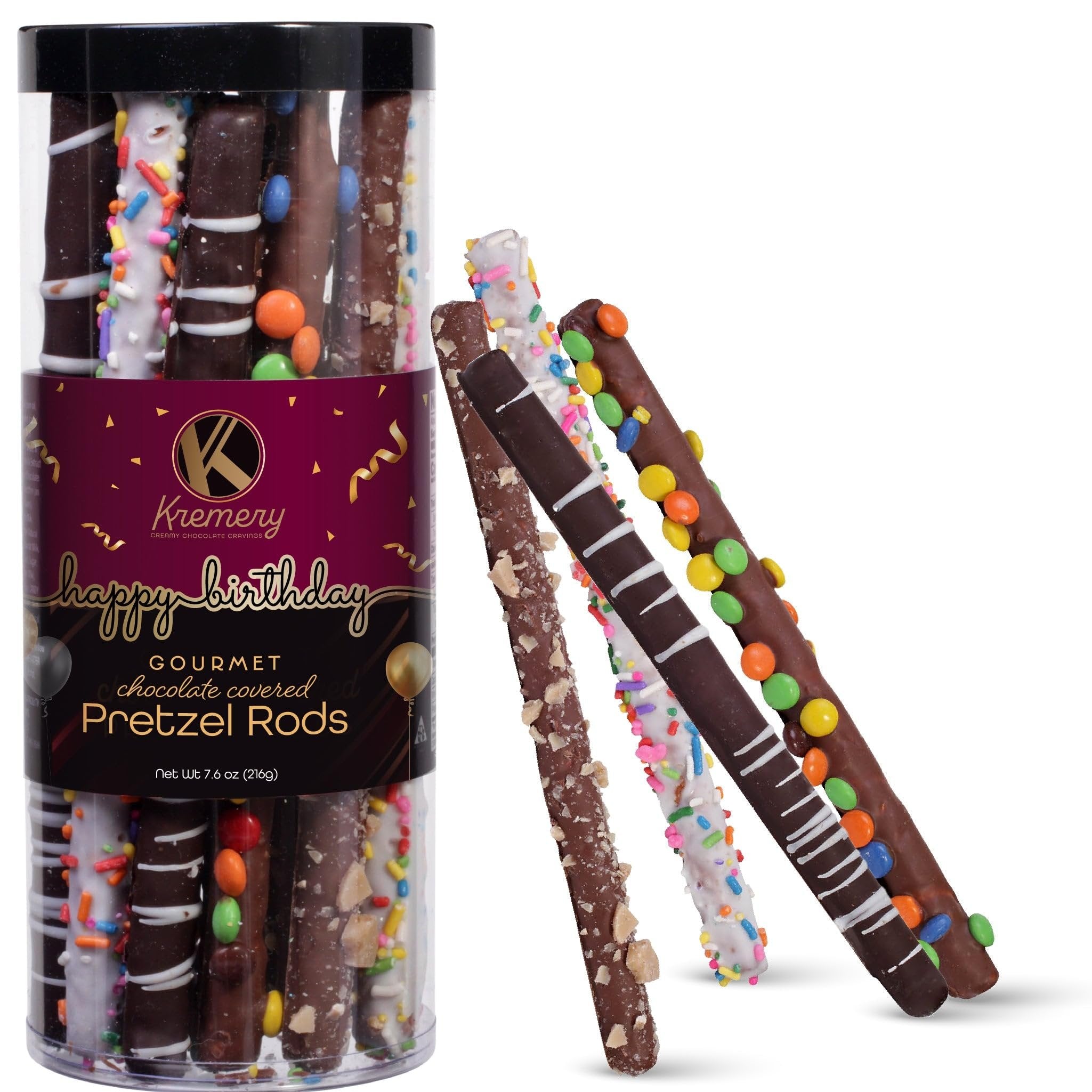 Dark Milk Chocolate Covered Pretzel Rods in Clear Birthday Tube